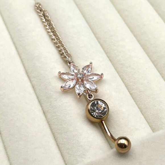 316L Stainless Steel with White Diamond Cubic Zirconia Flower 14G Belly Ring - Picture 8 of 10